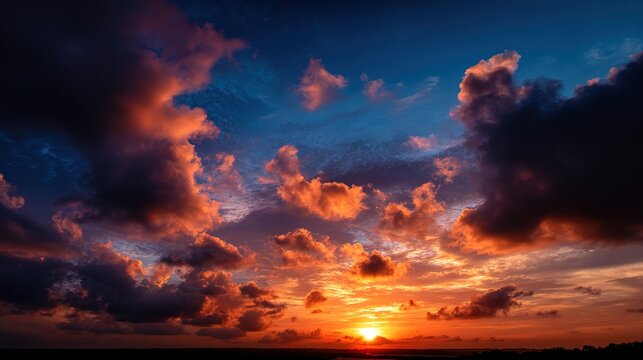 peace. A breathtaking sunset sky panorama with vibrant warm hues and glowing clouds. inspiring travel planning, travel magazines, designed for travel destination branding, inspires travel planning.