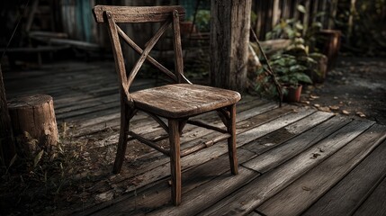Rustic Wooden Chair on Weathered Wooden Deck in Garden with Green Foliage and Potted Plants