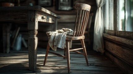 Vintage wooden chair with a aged cloth draped over it in rustic sunlit room with weathered wooden furniture and natural light streaming through a window