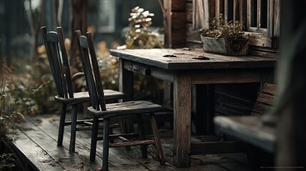 Rustic wooden outdoor patio table and chairs on weathered deck beside a cozy wooden cabin with flower box and fallen leaves during autumn
