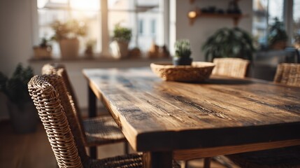 Cozy dining room with rustic wooden table and woven wicker chairs illuminated by soft natural sunlight, decorated with potted plants and cozy interior design elements