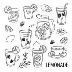 Hand-drawn food and drink icons of coffee cups, tea mugs, and various beverages for restaurants and cafes