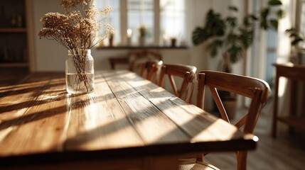 Sunlit wooden dining table with a glass jar filled with dried flowers in a cozy interior space featuring natural light, wooden chairs, and lush green plants creating a warm and inviting atmosphere