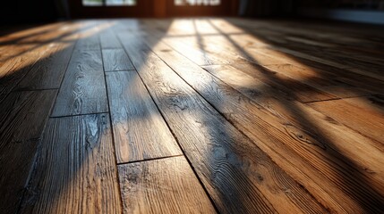 Close-up of Wooden Floorboards with Warm Sunlight and Shadow Patterns Highlighting Rich Grain and Textural Details in an Indoor Room