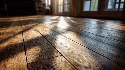 Sunlit wooden floorboards inside a cozy room with sunlight streaming through open windows, highlighting the natural grain and texture of the polished hardwood surface