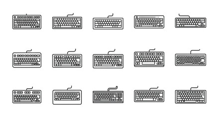Diverse collection of retro computer keyboards displayed in a grid layout for tech enthusiasts vector