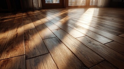 Sunlight streaming through large glass doors onto a polished wooden floor creating warm reflections and soft shadows in a bright, modern interior space
