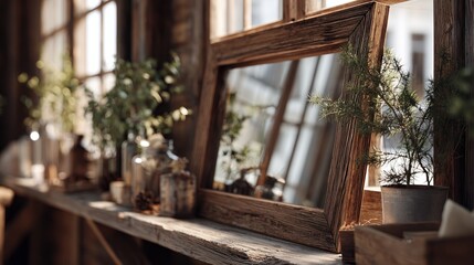 Rustic wooden picture frame leaning against a textured wooden wall with potted greenery and decorative objects on a window-side wooden shelf in warm natural sunlight