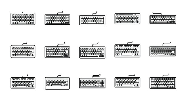 Diverse collection of retro computer keyboards displayed in a grid layout for tech enthusiasts vector