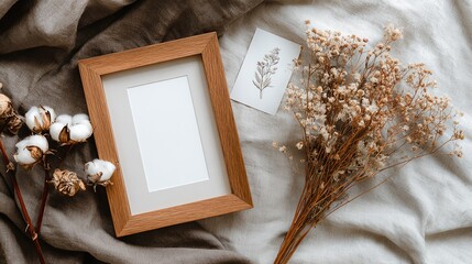 Stylish blank wooden photo frame with dried flowers and botanical illustration on soft fabric background for home decor or creative projects