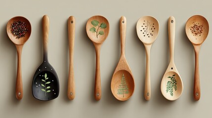Assorted wooden spoons with herbal illustrations and spices arranged in a row on a neutral background for cooking, culinary arts, and kitchen decor themes