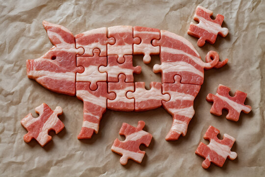 Conceptual Bacon Pig Jigsaw, Butcher Parody with Missing Pieces on Parchment, Playful Commentary on Protein and Sustainability
