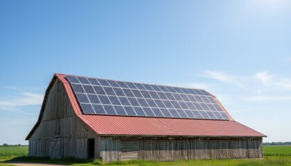 Obraz premium Medium shot of solar panels installed on a rustic barn rooftop capturing sunlight with blue sky background in a sustainable energy farm setting.