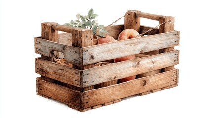 Rustic Wooden Crate Filled with Fresh Apples and Green Foliage for Farmhouse, Organic, or Autumn Harvest Themed Decor