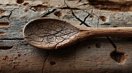 Close-up of a weathered wooden spoon with cracked surface resting on rustic aged wood background, natural bamboo utensil in traditional kitchen setting, textured organic material for culinary theme