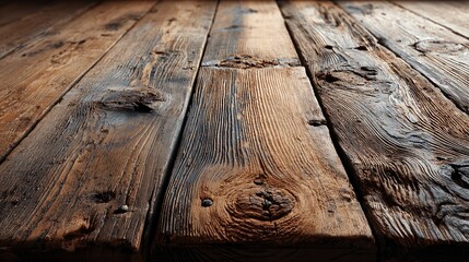 Close-up view of weathered aged wooden planks with textured grain and natural brown color, showing cracks, knots, and imperfections in a rustic finish