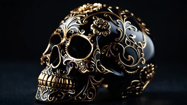 A sugar skull design featuring gold and black details on a dark surface, ideal for Halloween decorations or Dia de los Muertos celebrations