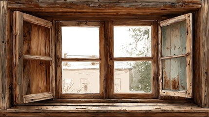 Rustic wooden window with open shutters overlooking a quaint neighborhood with rooftops and trees, natural daylight illuminating the cozy interior of a cabin or cottage