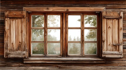 Traditional wooden window with shutters on a rustic log cabin wall, overlooking a foggy landscape with trees and rooftops, showcasing country-style architecture and natural wood textures