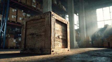 Warehouse Wooden Crate: A weathered wooden crate, illuminated by shafts of sunlight within a cavernous warehouse, hinting at hidden treasures and logistical intricacies.