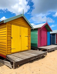 Colorful beach huts on sandy shore