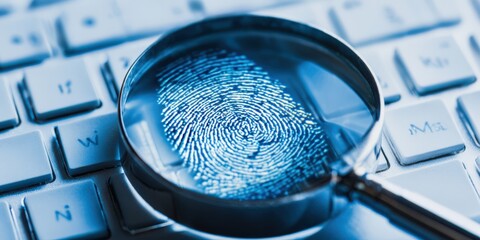 Magnifying glass showing fingerprint on computer keyboard