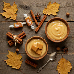 Overhead shot of caramel pudding in wooden bowls with caramel candies, cinnamon sticks, star anise, and autumn leaves on a rustic wooden surface.