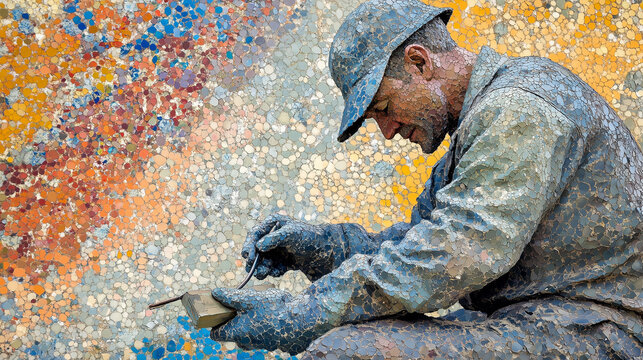 Uniformed worker sculpting with tools in colorful outdoor setting - Powered by Adobe