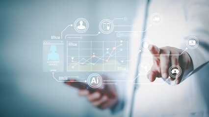 Doctor using AI technology with digital data analytics, medical icons, and futuristic interface, representing healthcare innovation, telemedicine, big data in medicine, and smart health solutions.