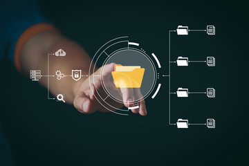 Digital hand pointing at a virtual file folder icon with futuristic interface, representing data storage, cloud computing, information management, and secure document organization in technology