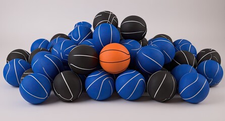 A pile of basketballs, various colors.  An orange ball is centrally located