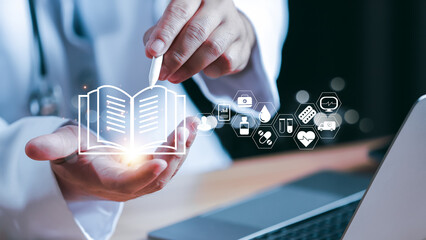 Doctor using digital book and medical icons with laptop, concept of online healthcare education, telemedicine learning, modern medical technology, and innovative health information system.
