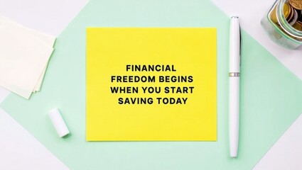 "Financial Freedom Begins When You Start Saving Today" text on yellow note card with money jar and pen