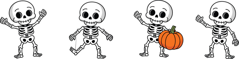 Halloween, skeleton, pumpkin, ghost, witch, spooky, festive, autumn, holiday, cartoon, candy, bat, moon, grave, tree, night, party, fun, scary, illustration