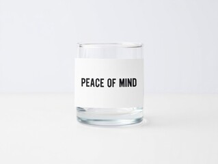 Glass of water with Peace of Mind label on white background