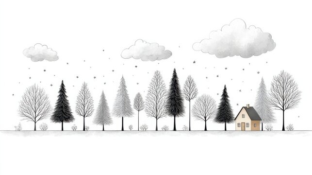 Minimal forest scene with small house and clouds - Powered by Adobe