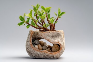 Small bonsai tree in unique, sculpted pot