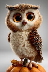 Obraz premium 3D cartoon owl sitting on pumpkin cheerful eyes smiling isolated on white background