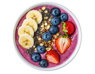Acai smoothie bowl with banana strawberry blueberry isolated png transparent background