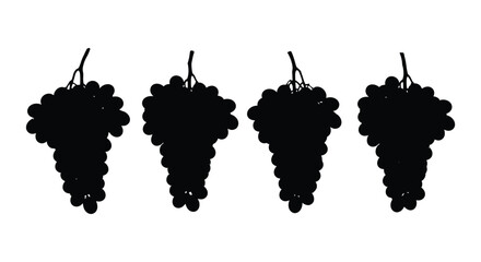 Four dark silhouette clusters of ripe grapes hanging on stems minimalist food graphics vector