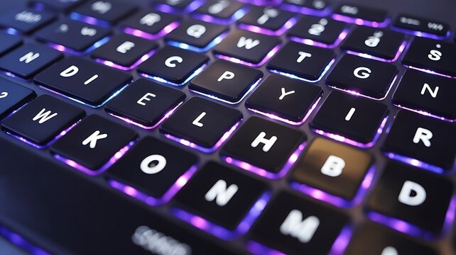 Modern laptop keyboard glows with vibrant light perfect for gaming or programming