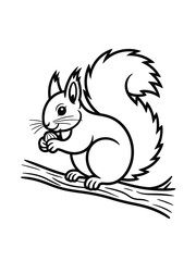 Cute black and white line drawing of a squirrel holding a nut