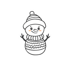 cute cartoon snowman with a hat in doodle style. Christmas Coloring page. Vector illustration