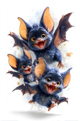 Obraz premium 3D cartoon bat family flying happily cheerful faces isolated on white background