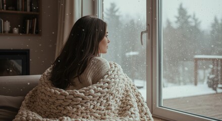 A woman sits on a couch, wrapped in a cozy cream-colored knitted blanket, gazing at a winter scene through a window filled with falling snow.