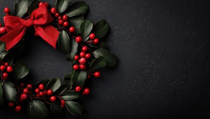Festive Christmas Wreath with Red Berries and Bow on Dark Background.