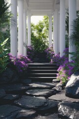 Elegant Garden Pathway With White Columns Purple Flowers And Stone Steps.