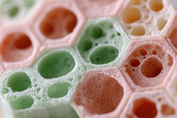 Abstract Macro View of Colorful Bubbly Foam in Hexagonal Cells.