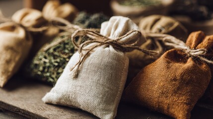 Closeup medium shot of artisanal spice sachets tied with twine main sac in crisp focus while surrounding blends gently fade out for depth.
