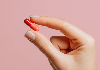 A hand holds a red and orange capsule against a pink background.  The capsule is being held delicately between thumb and forefinger.  Female hand, light skin tone, manicured nails, and soft light
